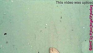 Chubby Amateur in Nylon Pantyhose Strolls Barefoot on Wangerland Beach