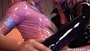 European lesbians in latex play with shared toy