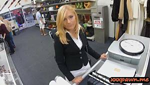 Thrilling hidden cam as hot blonde MILF gets railed by nasty pawn guy with monster cock in office