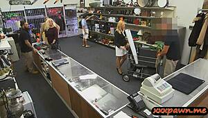 Thrilling hidden cam as hot blonde MILF gets railed by nasty pawn guy with monster cock in office