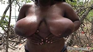 just chilling with firehousexxx, watching this thick chocolate babe with big tits on the beach