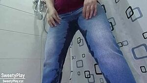 Wet and wild: milf desperately pees in jeans