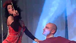 Slutty brunette rips red lingerie for outdoor public striptease