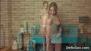 A virgin woman satisfies her desire by getting off while showcasing her tight vagina up close