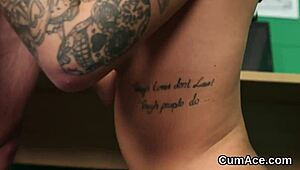 Feisty kitten receives cumshot on face.