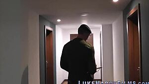 threesome with brit sucking, tugging, and riding big cocks