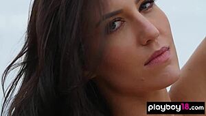 All natural Portuguese babe Carmen Nikole strips for a sunbath on the plateau