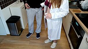 Mother-in-law permits stepson-in-law to assist with male urine bag in hospital.