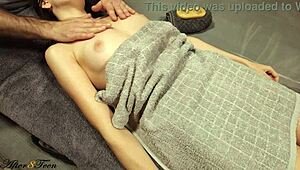 Horny Brunette Teen Masseuse Rubs Small Tits on Client