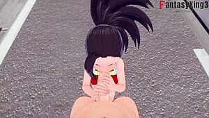 Brunette Momo Yaoyorozu's sensual blowjob and tit-fucking in the streets