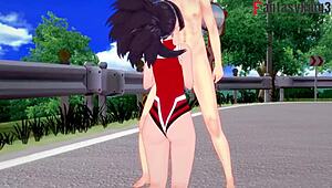 Brunette Momo Yaoyorozu's sensual blowjob and tit-fucking in the streets