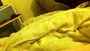 Bedroom wank with long thin cock ends in massive cumshot explosion