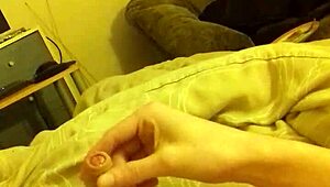 Bedroom wank with long thin cock ends in massive cumshot explosion