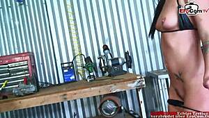 Skinny Black-Haired Slut with Tiny Tits Fucks in Fishnet Top