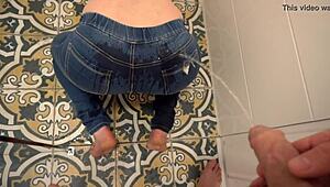 Milf Desperately Pees In Jeans Then Gets Pissed On Ass