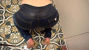 Milf Desperately Pees In Jeans Then Gets Pissed On Ass