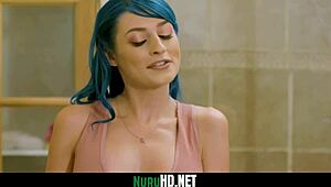 A brunette teen with blue hair gives a happy ending to her client by having sex with him after a sensual massage with oil. Watch the full video on nuruhd net.