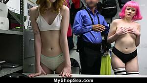 Caught Shoplifting? Get Ready For A Hardcore Blowjob Threesome With The Security Guard!
