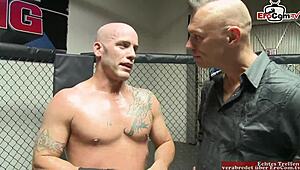 Blonde slut rocks titty fuck in boxing ring