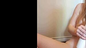 cute redhead teen 18+ whimpers as she cums hard with her wand. pale ginger strips for wild masturbation.