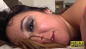 Brunette Submissive Rides Hard and Takes Deep Throat Action