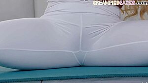 blonde milf in leggings does yoga then performs oral before interracial encounter