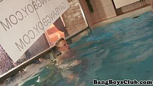 Muscular Amateur Hunk in Pool Gangbang