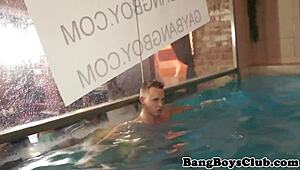 Muscular Amateur Hunk in Pool Gangbang