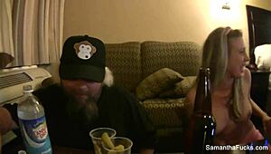 Blonde pornstar Samantha Saint in a nude eating competition with Ivan and JJ