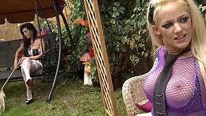 fast fuck in the garden with a sexy big-titted blonde, damn she rides hard