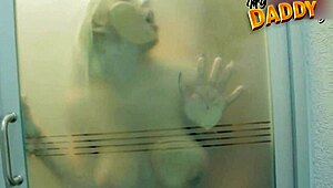 In the steam room, I fuck my blonde girlfriend with my monster cock.