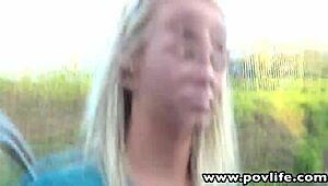 Emily Austin's perky tits flash in POV blowjob and hardcore sex. Blonde shaved beauty shines.