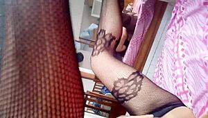 In her bedroom, the hot stepdaughter teases her stepfather with sexy lingerie and masturbates her pink pussy