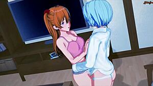 rei and asuka passionately take turns licking each other in hentai