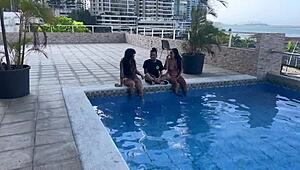 Croatian brunette swinger takes cum in mouth after pool foursome