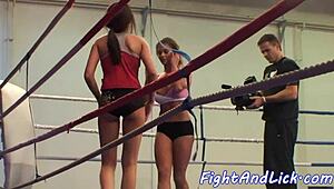 Amateur lesbians grapple nude with shaved pussies