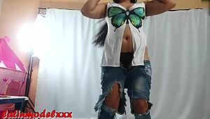 Hot chubby latina model strips jeans, shows big pussy, gets producer horny