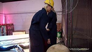 horny blonde girls riding sideways and sucking cock together with a handsome tattooed worker, ending in cum on tits and blowjobs