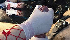 the mistress jerks my cock with white gloves, and i cum as she uses the dilator on my urethra