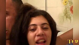 Man, three buddies grab this hairy chick Laura Ribeiro and take her to their apartment for fun.