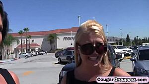 lucky guy with big cock enjoys horny cougars on sofa