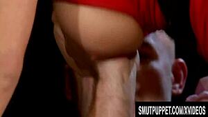 Big titty brunette roxy taggart feels intense pleasure while getting banged in a group hardcore session.