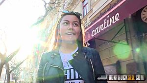 Katie Vasquez gets messy cum facial outdoors.