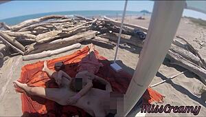 Exhibitionist Teacher Milf Gives Handjob on Public Nudity Beach. Misscreamy Shocks Voyeurs with Cum