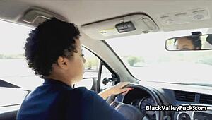 black coed sucking driving instructor's fat cock 😏