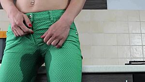 Russian Sasha Bikeyeva Teases Hard in Tight Green Pants Before Peeing