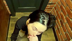 Large Dick Slobbered by Cute Girl in Public Bathroom. Outdoor Sucking Gets Wild.