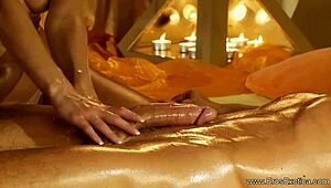 Blonde milf couple enjoys a sensual massage on his big cock