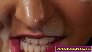 Masturbating english girl blows cock and gets cum on face in heels