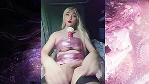 Shemale in Glitter Pink Top Strokes Massive Cock with Selena Sister